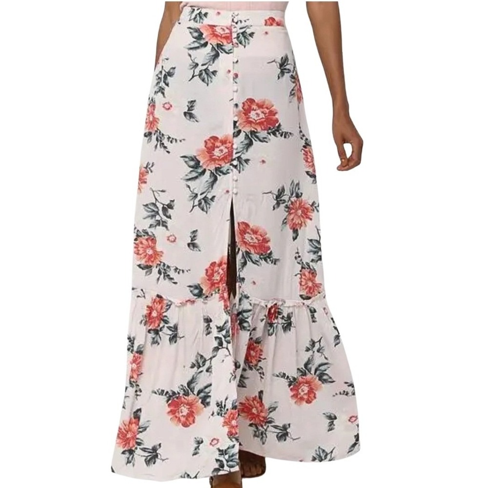American Eagle Womens Floral Maxi Skirt Pink Button Front Tiered Ruffle‎ Size S